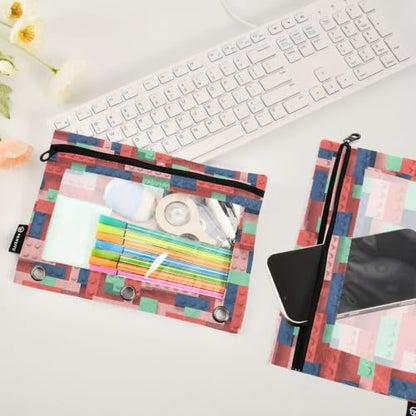 Gredecor 3 Ring Binder Pencil Pouch, Building Blocks Zippered Pen Case Pouches with Clear Window, 2 Pack Stylish Office & School Supplie - color: Building Blocks