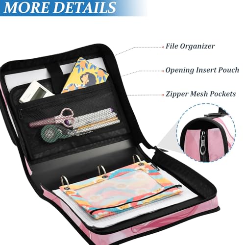Pink Shells and Jellyfish Zipper Binder 3 Ring 1.5 Inch School Binder Organizer with Shoulder Strap Handle File Folder Pockets Large Capacity Students Girl Boy Men Office Work - color: Pink Shells and Jellyfish