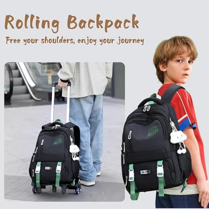 Rolling Backpack for Girls Boys Elementary Middle School Bags, Kids Roller Boys Girls Backpack with 6 Wheels, Black+light beige - color: 6 Wheels-01-black+light Beige, style: 6 Wheels