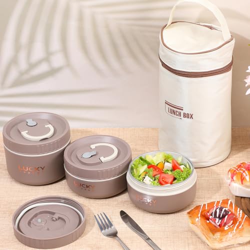 3 Pcs Portable Insulated Lunch Container Set for Adult, Stackable Stainless Steel Bento Box for Hot Food with Insulated Lunch Bag Unisex 3 Separate Thermal Food Container(Khaki)
