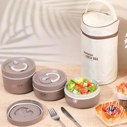 3 Pcs Portable Insulated Lunch Container Set for Adult, Stackable Stainless Steel Bento Box for Hot Food with Insulated Lunch Bag Unisex 3 Separate Thermal Food Container(Khaki)