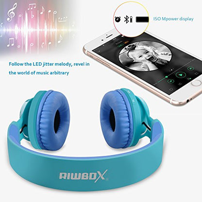 Riwbox WT-7S Kids Bluetooth Headphones, LED Light Up Wireless Foldable Stereo Headset with Microphone and Volume Control for PC/Tablet/TV/Travel (Blue) - color: Blue&Green