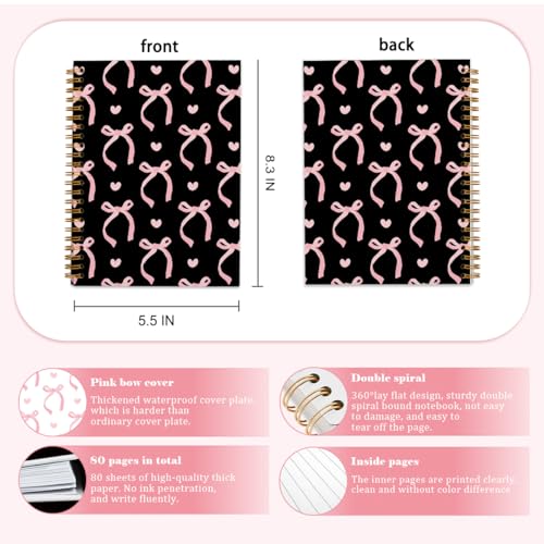 QUICQOD Pink and Black School Supplies Spiral Notebook 5.5x8.3 Inch | Preppy School Supplies for Teen Girls, Cute Journal for Women, Hardcover Notebook for School Office, Birthday Gifts - color: Black and Pink