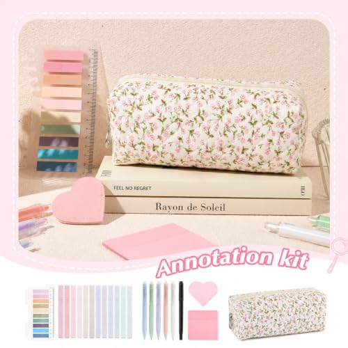 22Pcs Book Annotation Kit Aesthetic Pencil Case with Supplies School Annotation Supplies Gel Pen Transparent Sticky Note Taking Bible Study College Stationery Supplie (Pink Floral) - color: Pink Floral