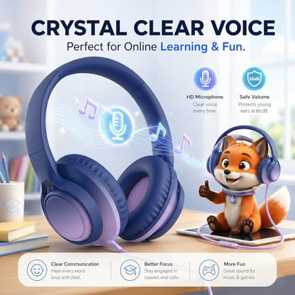 Kids Wired Over-Ear Headphones with Microphone, 3.5mm Jack with USB-C Adapter, Comfortable Headset for Online Learning, School, Tablet, Phone – Galaxy Gradient - color: Midnight Blue