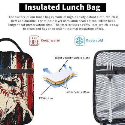 Baseball Stitches American Flag Insulated Lunch Bag, Baseball Sport Lunch Box Tote Cooler Reusable Lunch Pail Adjustable Shoulder Strap and Side Pocket Outdoors Meal Bag For Women - color: Baseball American Flag