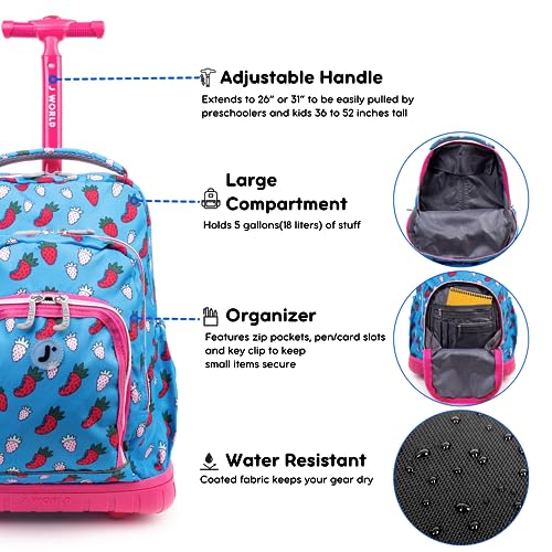 J World Lollipop Kids Rolling Backpack & Lunch Bag Set for Elementary School. Carry-On Suitcase with Wheels, Strawberry - color: Strawberry