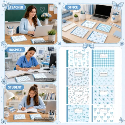 16 Pack Mini Composition Notebooks Bulk College Ruled 7.4'' x 4.7'' Blue Bow Half Size Composition Books 80 Pages Small Pocket Journal Books Back to School Gift for Student Teacher Office Supplies - color: Blue Bow