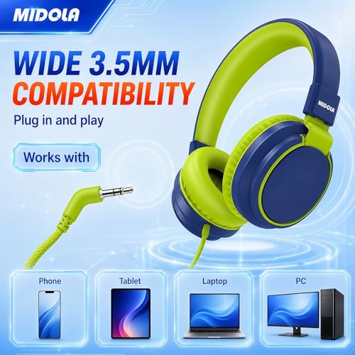 MIDOLA Kids Headphones for School Learning,Volume Limited 85/94dB, Foldable Lightweight Over-Ear Wired Headphones for Kids Toddler Girls Boys 3.5mm for Pad,Headsets with Built-in Mic DeepBlueSky - color: DeepBlueSky