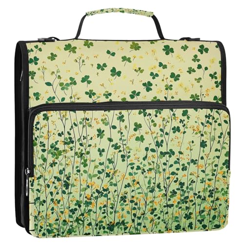 Green Clovers07 Zipper Binder 3 Ring 1.5 Inch School Binder Organizer with Shoulder Strap Handle File Folder Pockets Large Capacity Students Girl Boy Men Office Work - color: Green Clovers07