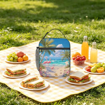 Tropical Pink Flamingo Beach Lunch Box Bag, Palm Tree Lunchbag Portable Lunch Bag,Reusable Insulated Freezer Lunch Bag for Men Women Kids Picnic Camping and Work - color: Tropical Pink Flamingo Beach