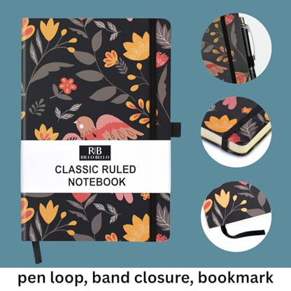 RICCO BELLO Lined Journal Notebook, Folk Art Flowers, Hardcover | Pen Holder, College Ruled, 96 Sheets/192 Pages, 5.7 x 8.4 Inches, For Work & Notes - color: Folk Art Flowers