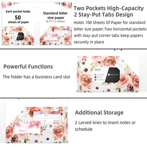 Ospelelf Folders with Pockets, Waterproof Plastic Folder with Two Fixed Corner Tabs and 2 Pockets Includes Business Card Slot, Includes Sticker, Fits 3 Ring Binder Holds 11" x 8.5", 6-Pack - color: Flowers