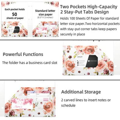 Ospelelf Folders with Pockets, Waterproof Plastic Folder with Two Fixed Corner Tabs and 2 Pockets Includes Business Card Slot, Includes Sticker, Fits 3 Ring Binder Holds 11" x 8.5", 6-Pack - color: Flowers