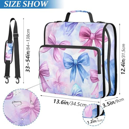 3 Ring Zipper Binder with Shoulder Strap Pink Blue Bow Tie Dye 2 Inch Zippered Binder Bag 500 Sheet Capacity Multi Pockets for School Supplies - color: Multi24