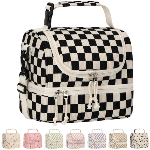 Vankor Corduroy Lunch Box Kids Insulated Lunch Bag Double Decker, Cute Leak-Proof Lunch Box for Boys Girls, Portable Cooler Lunch Bag Thermal Lunch Tote for School Picnic Travel, Black Checkered - color: Black Checkered