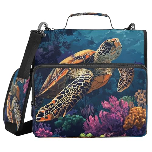 School Zipper Binder Turtle Coral Sea Watercolor Decor Trapper Keeper 3 Ring Binder Bag Multiple Pockets & Storage Organizer, 500 Sheet Capacity with Shoulder Strap