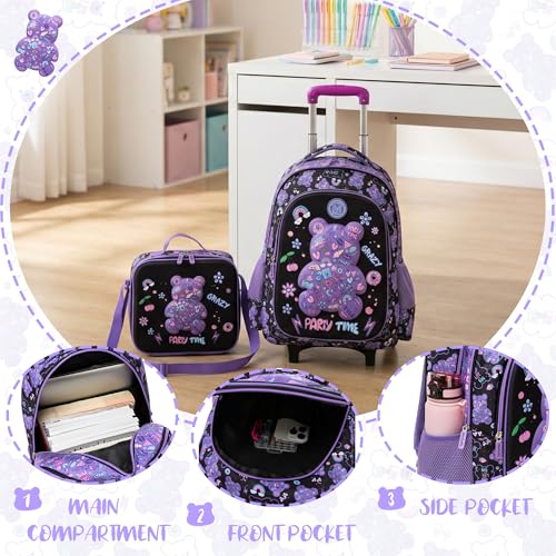 Rolling Backpack for Girls Backpack with Wheels for School Kids Cute Bear Kids Wheeled School Bag 3PCS Set with Lunch Box Pencil Case,Elementary Trolley Bookbag for School Travel - color: Black Purple Bear