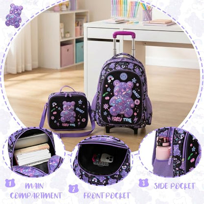 Rolling Backpack for Girls Backpack with Wheels for School Kids Cute Bear Kids Wheeled School Bag 3PCS Set with Lunch Box Pencil Case,Elementary Trolley Bookbag for School Travel - color: Black Purple Bear