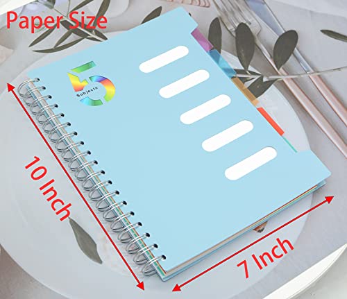 5 Subject Notebook, 1 Pcs Light Blue 10 Inch x 7 Inch B5 Spiral Notebook With Waterproof Plastic Softcover, 300 Pages 80 Gsm College Ruled Papers With 5 Sheets Colorful Movable Dividers (Light Blue) - color: Light Blue