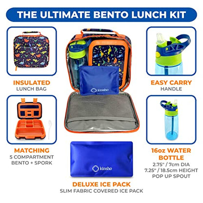 kinsho Bento Lunch Box with Insulated Bag, Water Bottle&Ice Pack Set for Kids Toddlers,5 Portion Sections, BPAFree Removable Tray, PreSchool Kid Toddler Daycare Lunches, Snack Container,Blue Dinosaur - color: Blue Dinosaur Set