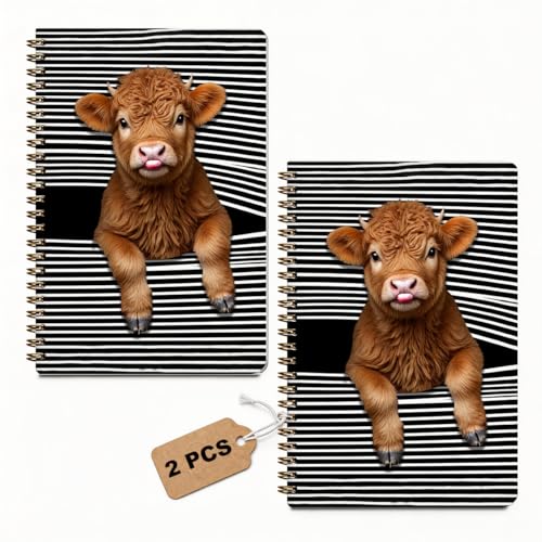 2 Pcs Cow Gifts for Women Spiral Notebook, Funny Highland Cow College Ruled Spiral Notebook, Cows Themed Notebooks, 160 Ruled Pages Hardcover Journals for Writing Office - color: Multicolour 0033