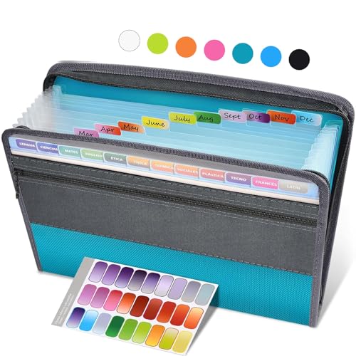 Sooez Accordion File Organizer with Safe Zipper, 12 Pocket Expanding File Folder with Front Pencil Pouch, Portable Monthly Paper Bill Tax Receipt Organizer, School Office Supplies, Letter Size, Teal - color: Teal, style: 12 Pockets