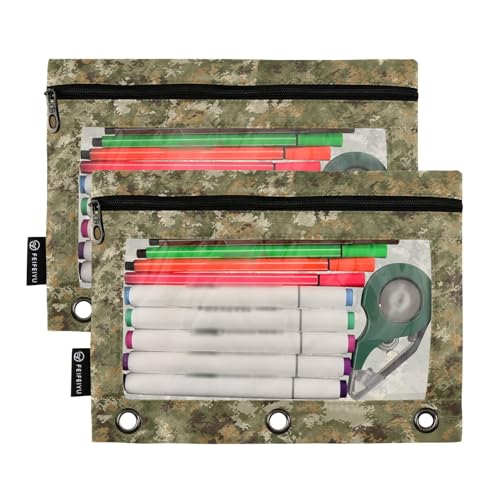 Camo Pencil Pouch For 3 Ring Binder Clear Window Pencil Case For 3 Ring Reinforced Grommets With Zipper, 2 Pack - color: Camo