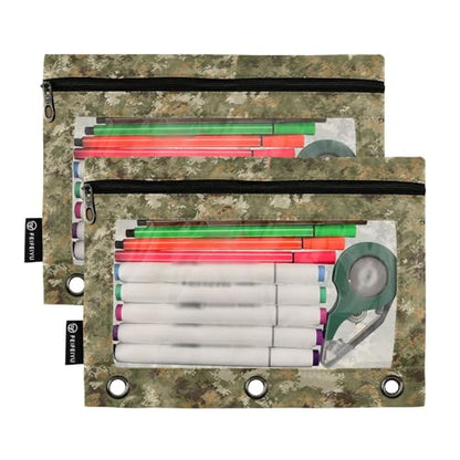 Camo Pencil Pouch For 3 Ring Binder Clear Window Pencil Case For 3 Ring Reinforced Grommets With Zipper, 2 Pack - color: Camo