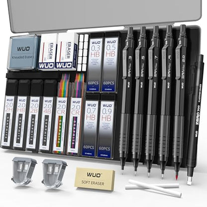 WUO Metal Mechanical Pencil Set, 5-Pack 0.3mm 0.5mm 0.7mm 0.9mm 2.0mm Drafting Pencils with 312 Lead Refills, Precision Eraser Pen, Erasers & Sharpeners for Drawing, Sketching, Writing - color: Black, size: 0.3/0.5/0.7/0.9/2.0