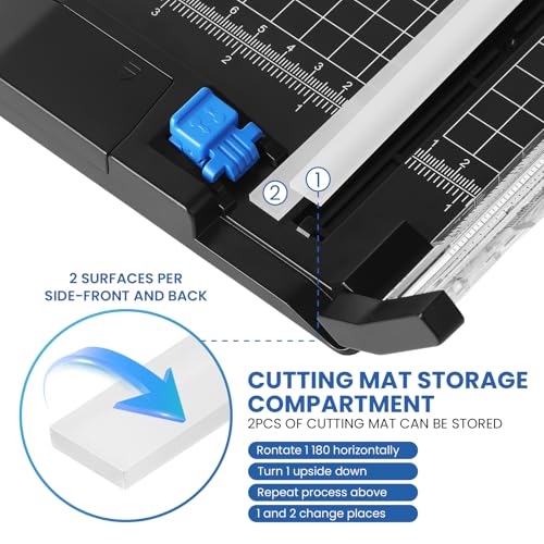 Paper Cutter, 12 Inch Rotary Trimmer, 5 Blades 4 Functions, Up to 6 Sheets Cut, with 2 Reversible Cutting Mats, Black Patent for Cardstock Scrapbooking