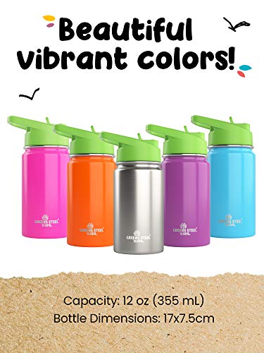 Kids Water Bottle - 12oz Stainless | Leak Proof With Straw & Handle | 24 Hours Cold | Insulated, Double Wall Stainless Steel | Easy Sip Toddler Cup | Child's Flask | Eco Friendly - color: Steel