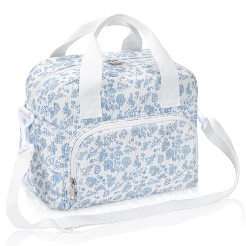 Large Lunch Bag for Women Quilted Lunch Box Reusable Cooler Bag Portable Cute Floral Corduroy Leakproof Tote Bags for Travel, Work, and Picnic, Blue Flower - color: Blue Flower, size: L