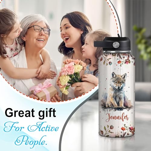 Hyturtle Personalized Wolf Water Bottle - Travel Insulated Stainless Steel Bottle with Leak-Proof Lid 18oz 32oz - Animal Lover Gift with Floral Wolf Design for Women Girls Wolves Lovers, Birthday Gift - color: Wolf