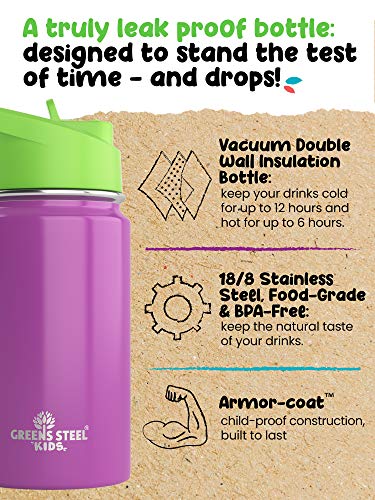 Kids Water Bottle - 12oz Purple | Leak Proof With Straw & Handle | 24 Hours Cold | Insulated, Double Wall Stainless Steel | Easy Sip Toddler Cup | Child's Flask | Eco Friendly - color: Purple