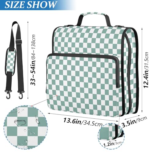 Green Teal White Checkered Binder Bag 3 Ring Zipper Binders with Shoulder Strap for School Office Organizer Storage - color: Q016