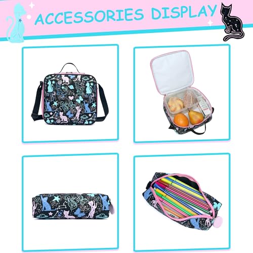 Black Backpack with Wheels for Girls,Cute Cat Rolling Backpack,Travel Carry On Luggage Kids Suitcase with Lunch Box Pencil Case for Ages 6-8 - color: Black Cat
