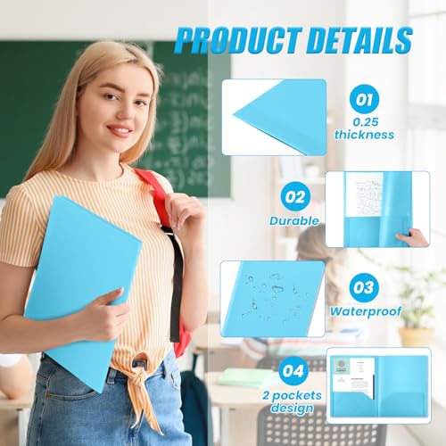 Gueevin 100 Pack Plastic Folder with Pockets, 2 Pocket Folders, Plastic Glossy Folders Fit Letter Size Paper, Heavy Duty Durable File Folder with Business Card for Home Office School (Light Blue) - color: Light Blue