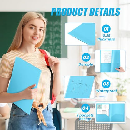 Gueevin 72 Pack Plastic Folder with Pockets, 2 Pocket Folders, Plastic Glossy Folders Fit Letter Size Paper, Heavy Duty Durable File Folder with Business Card for Home Office School (Light Blue) - color: Light Blue