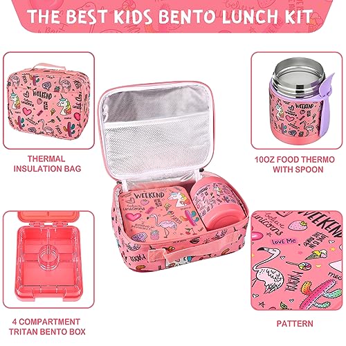 Pawtong Bento Lunch Box Set With 10oz Soup Thermo, Leak-proof Lunch Containers with 4 Compartment, Kids Hot Thermo Food Jar/Insulation Lunch Bag, Food Containers for School（Flamingo） - color: Pink-flamingo