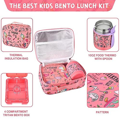 Pawtong Bento Lunch Box Set With 10oz Soup Thermo, Leak-proof Lunch Containers with 4 Compartment, Kids Hot Thermo Food Jar/Insulation Lunch Bag, Food Containers for School（Flamingo） - color: Pink-flamingo