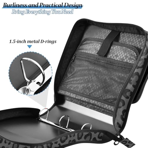 Leopard Gray Black Pattern 3 Ring Zipper Binder with Shoulder Strap & Handle 1.5 Inch D-Ring Zippered Bag with Pencil Pouch,Expanding File Folder, Binder Organizer for School or Office - color: Leopard Gray Black