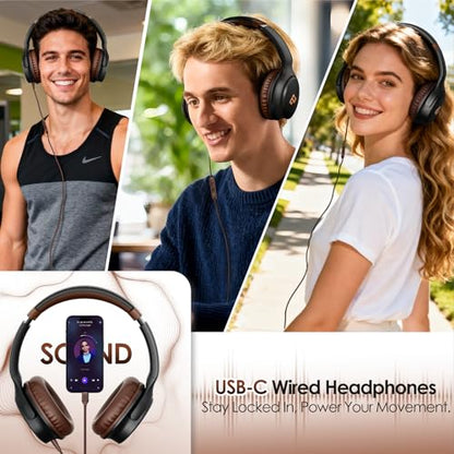USB C Headphones Wired Headphones Over Ear with HD Mic,Brown Headphones/Lightweight/Foldable/Adjustable for iPad/School/Travel/iPhone 17/16/15, Samsung S25/S24, Back-to-School Season, Teen Gifts - color: Brown