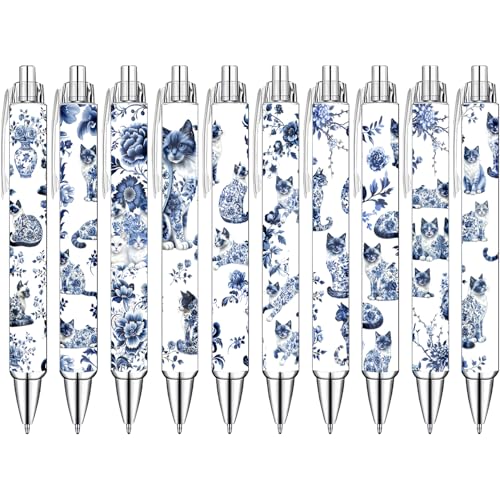 Blue and White Porcelain Cat Ballpoint Pens Set – Aesthetic Chinese Porcelain Style Cat Design Pens for Office, Journaling, and Stationery Lovers – Smooth Writing Pens for Daily Use or Gifts, 10 Pack - style: Blue and white porcelain cat