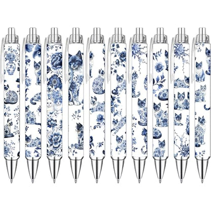 Blue and White Porcelain Cat Ballpoint Pens Set – Aesthetic Chinese Porcelain Style Cat Design Pens for Office, Journaling, and Stationery Lovers – Smooth Writing Pens for Daily Use or Gifts, 10 Pack - style: Blue and white porcelain cat