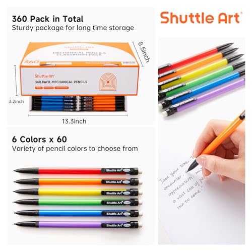 Shuttle Art Mechanical Pencils, 360 Pack Bulk Mechanical Pencils 0.7mm Medium Point, HB #2 Lead Pencils, Assorted Barrels, Office School Supplies