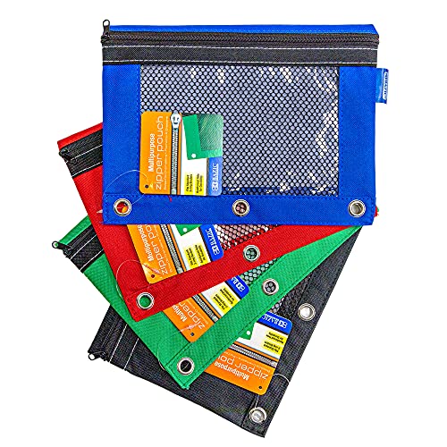BAZIC PRODUCTS 3-Ring Pencil Pouch with Clear Mesh Window, 4-Set | clear mesh window and a zipper closure for pens, pencils, supplies - size: 4 Count (Pack of 1)