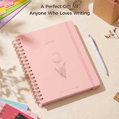 Hardcover Spiral Notebook Journal for Women & Men, Cute 5 Subject Notebook College Ruled for School & Work, Pink Journaling Notebooks with Removable Dividers Tabs, 8" x 10", 300 Pages, Tulip - color: Pink Tulip