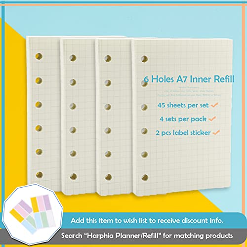 A7 Planner Refill,4 Pcs per Set, 360pages, Grid Mattrix Paper, with Label Stickers Gift,Mini Binder Refills,6 hole/100gsm Thick Paper/4.84 x 3.23'', Harphia - color: Grid Matrix