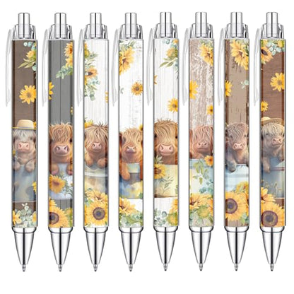Idealmuzik 8 PCS Cute Highland Cow Print Pens, Cow Lovers Gifts, School Office Supplies, Gifts for Women Girls Teen Christmas New Year - style: Highland Cow